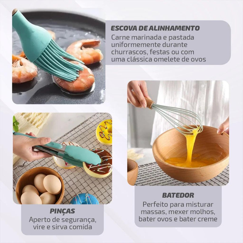 Kit de Utensílios de Silicone e Cabo de Madeira - GourmetTouch 12X