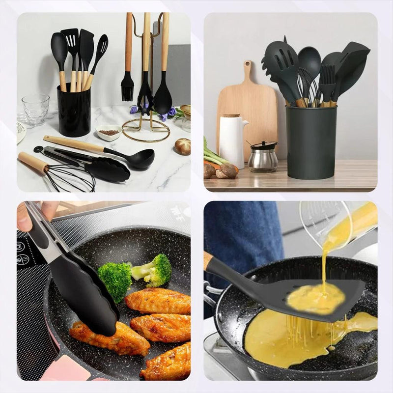 Kit de Utensílios de Silicone e Cabo de Madeira - GourmetTouch 12X