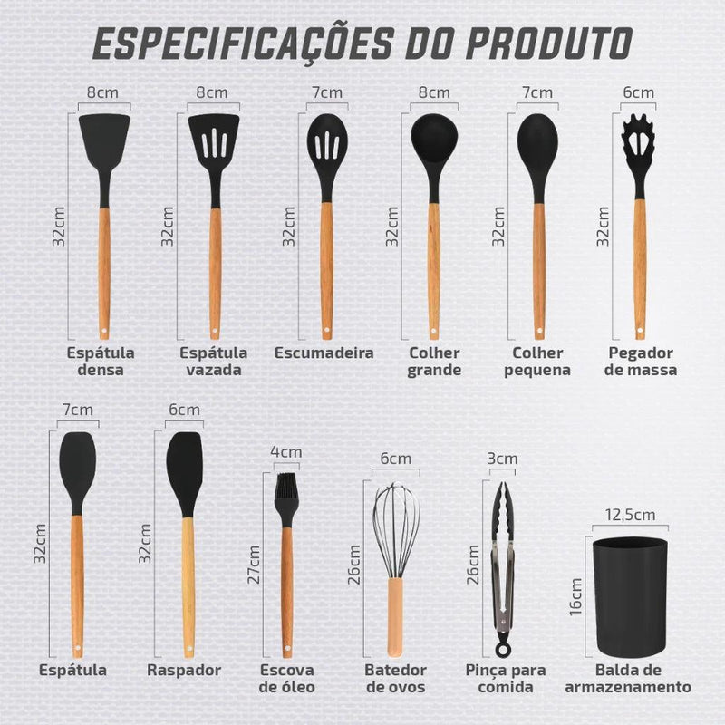 Kit de Utensílios de Silicone e Cabo de Madeira - GourmetTouch 12X