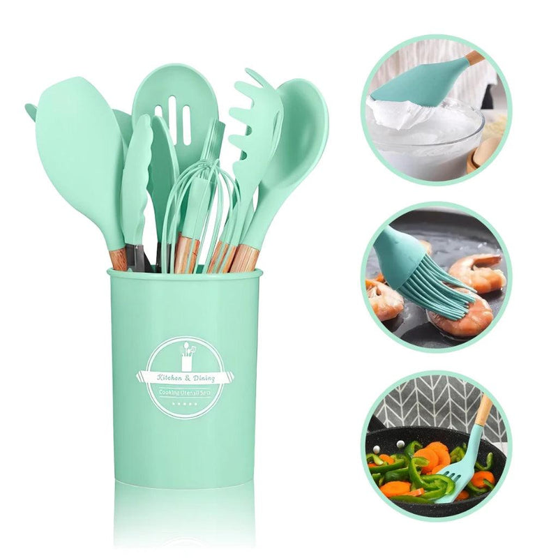 Kit de Utensílios de Silicone e Cabo de Madeira - GourmetTouch 12X