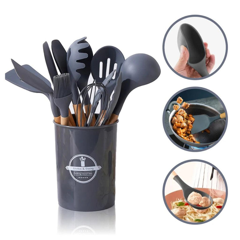 Kit de Utensílios de Silicone e Cabo de Madeira - GourmetTouch 12X