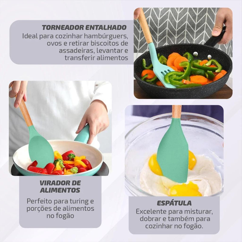 Kit de Utensílios de Silicone e Cabo de Madeira - GourmetTouch 12X