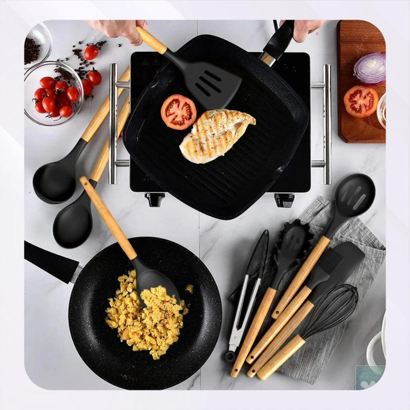 Kit de Utensílios de Silicone e Cabo de Madeira - GourmetTouch 12X