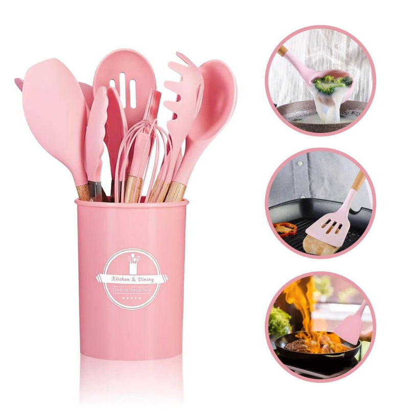 Kit de Utensílios de Silicone e Cabo de Madeira - GourmetTouch 12X